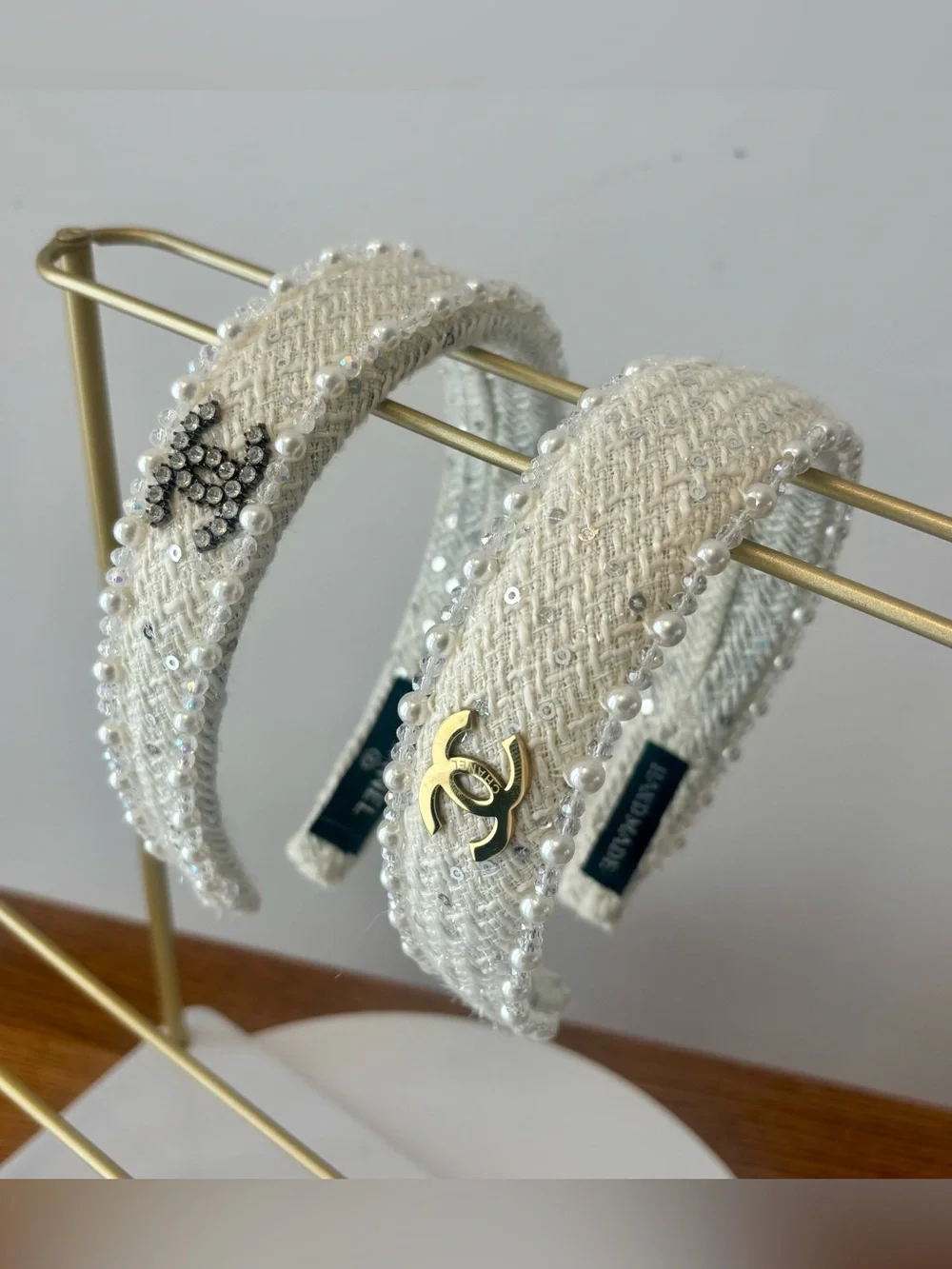 $35 EACH / Pearl accent Trim Ivory Tweed Headband with Rhinestone Emblem